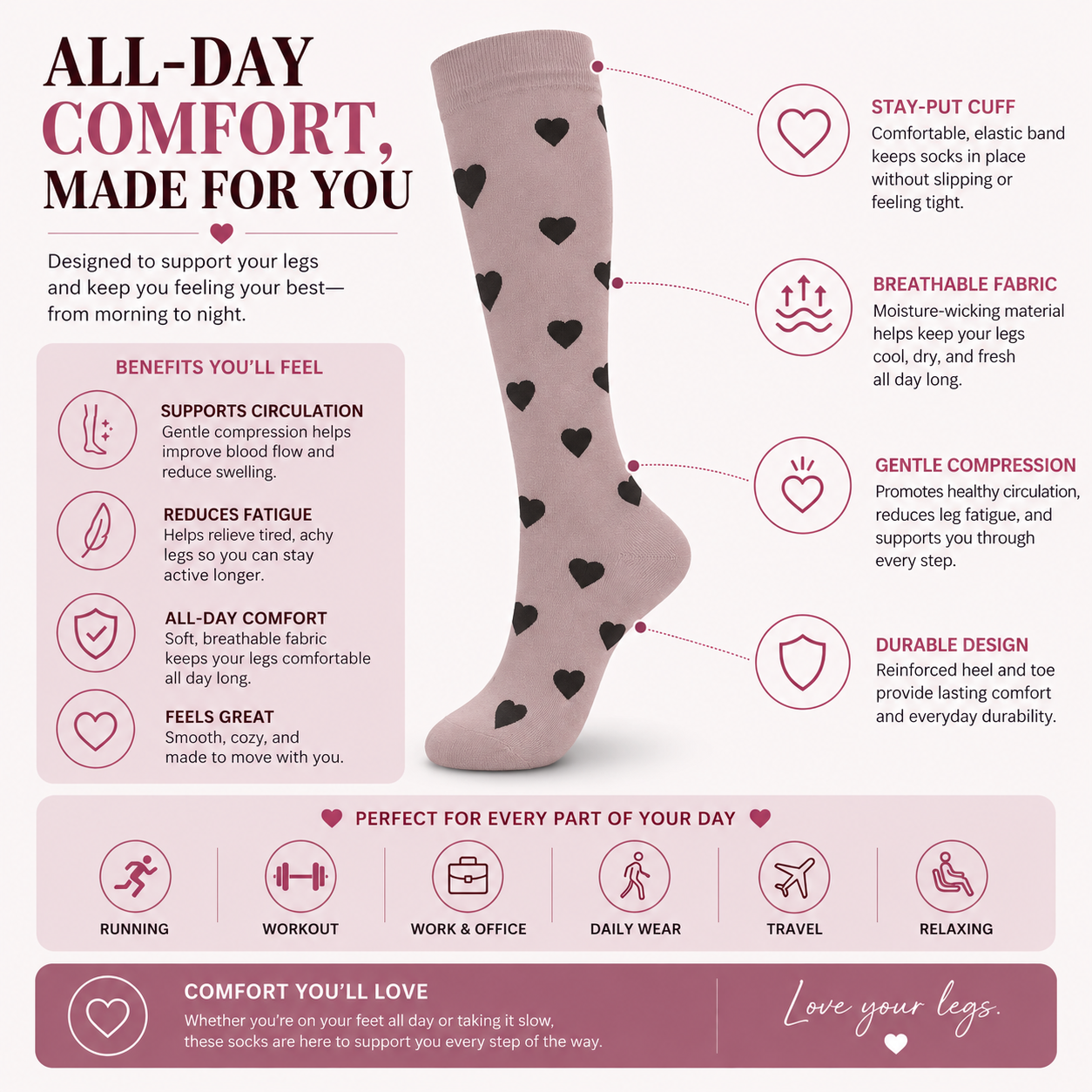 Heart Pattern Compression Socks – Cute Knee High Support Socks for Women
