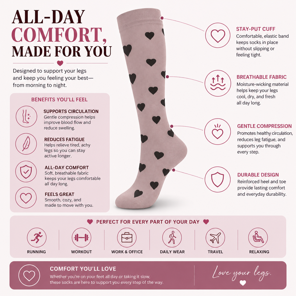 Heart Pattern Compression Socks – Cute Knee High Support Socks for Women