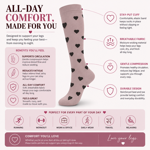 Heart Pattern Compression Socks – Cute Knee High Support Socks for Women