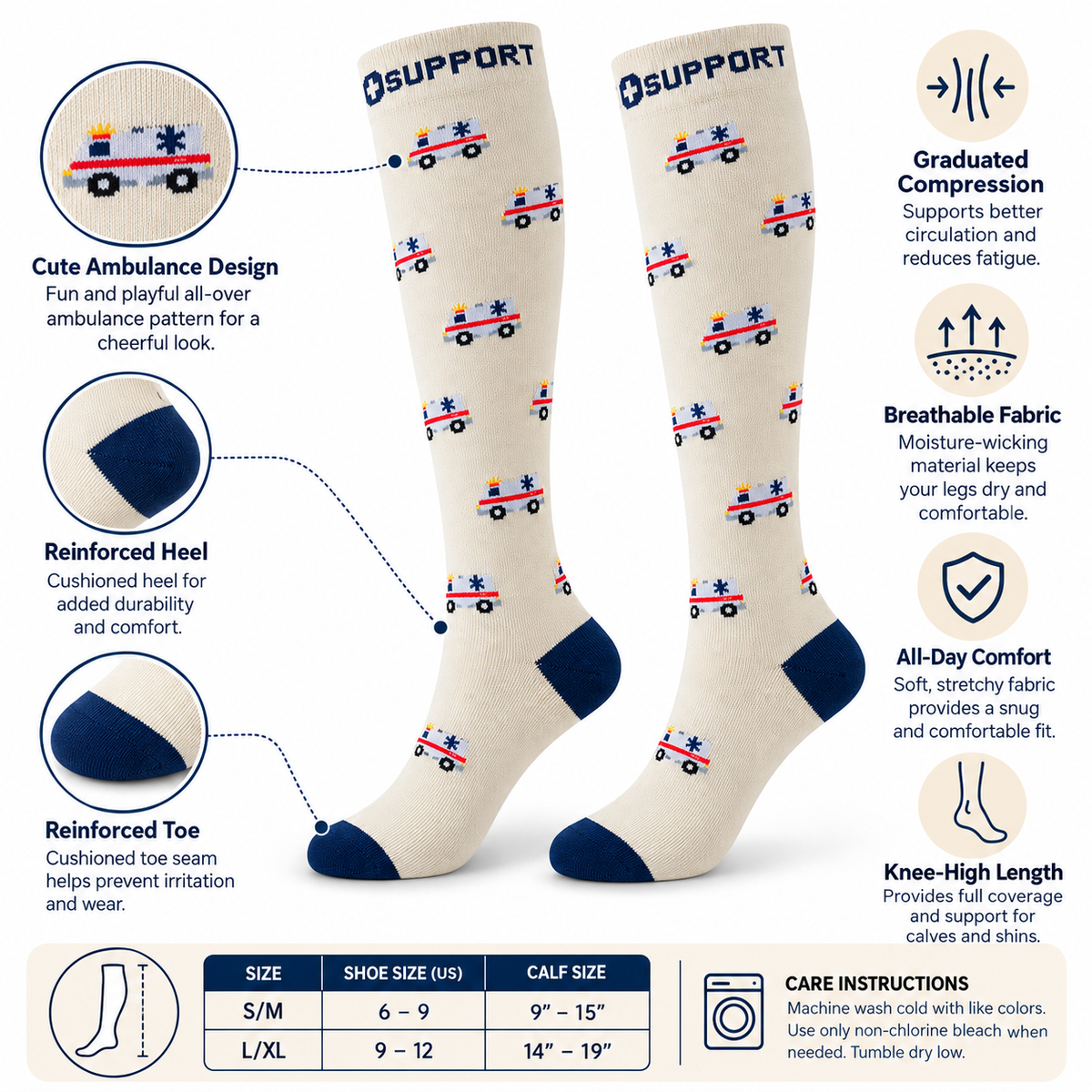 Ambulance Print Compression Socks – Knee High Medical & Nurse Support Stockings