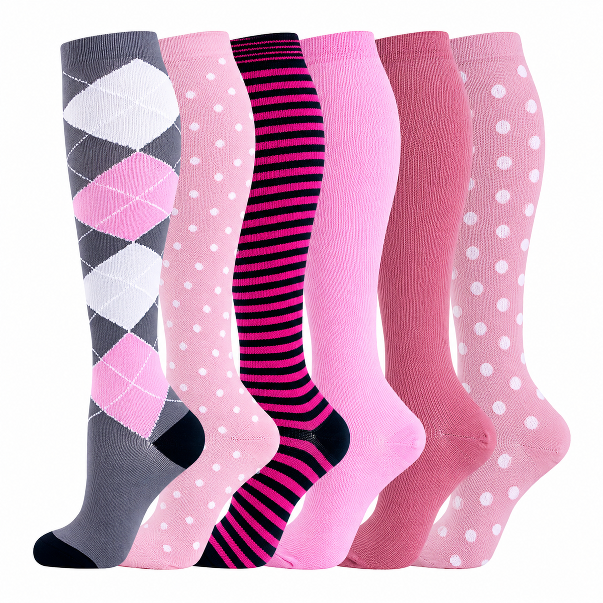 Knee-High Compression Socks – 6-Pair Set - Vibrant Patterned Support for Circulation & Comfort