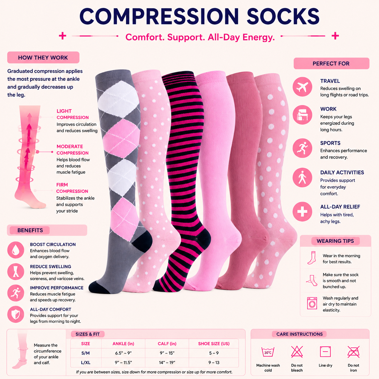 Knee-High Compression Socks – 6-Pair Set - Vibrant Patterned Support for Circulation & Comfort