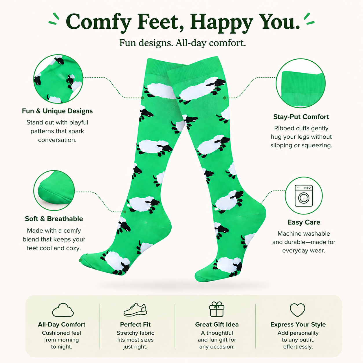 Compression Socks – Green Sheep Knee-High Socks