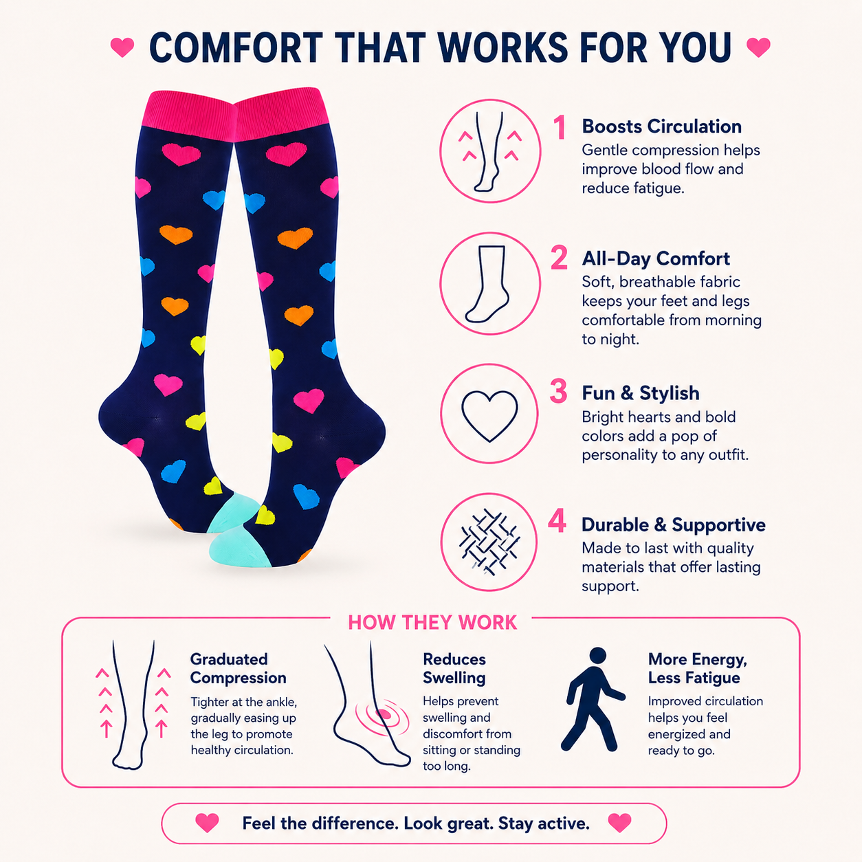 Rainbow Heart Knee-High Compression Socks