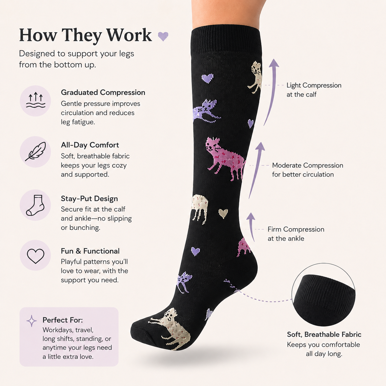 Everyday Cat Compression Socks for Leg Comfort & Support