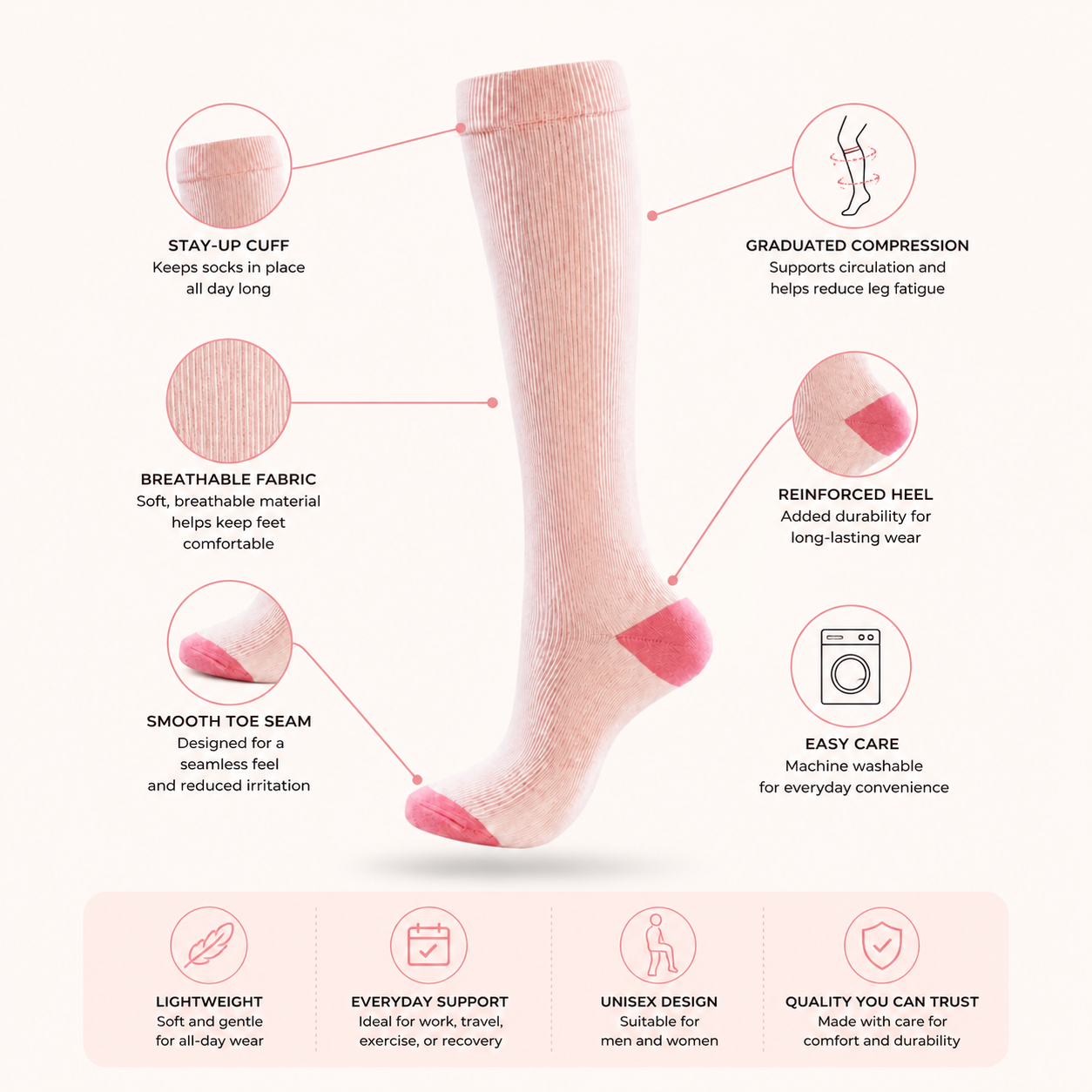 Blush Ribbed Compression Socks – Knee High Support Socks for Everyday Comfort