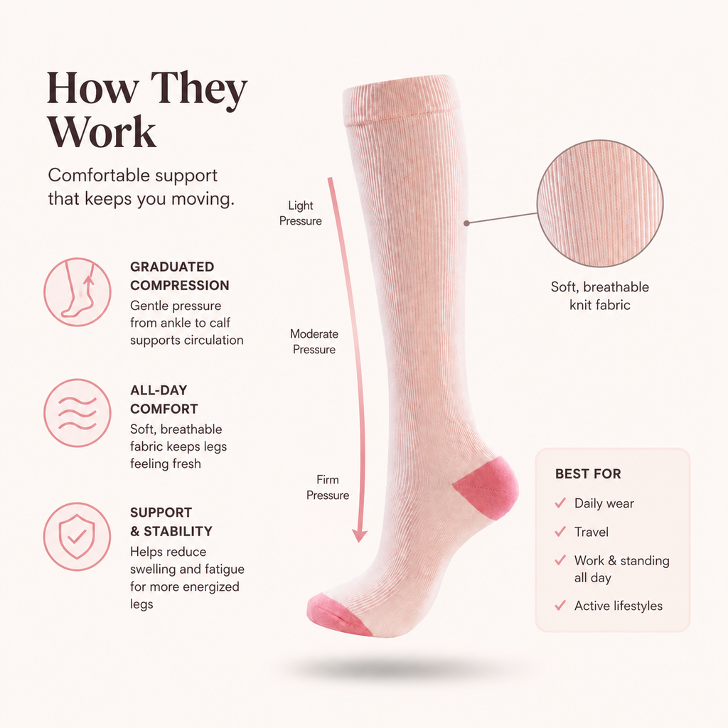 Blush Ribbed Compression Socks – Knee High Support Socks for Everyday Comfort