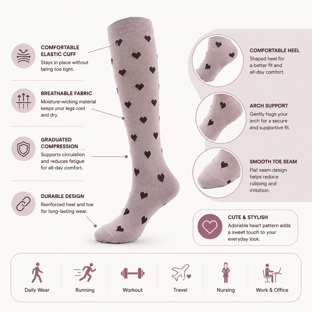Heart Pattern Compression Socks – Cute Knee High Support Socks for Women