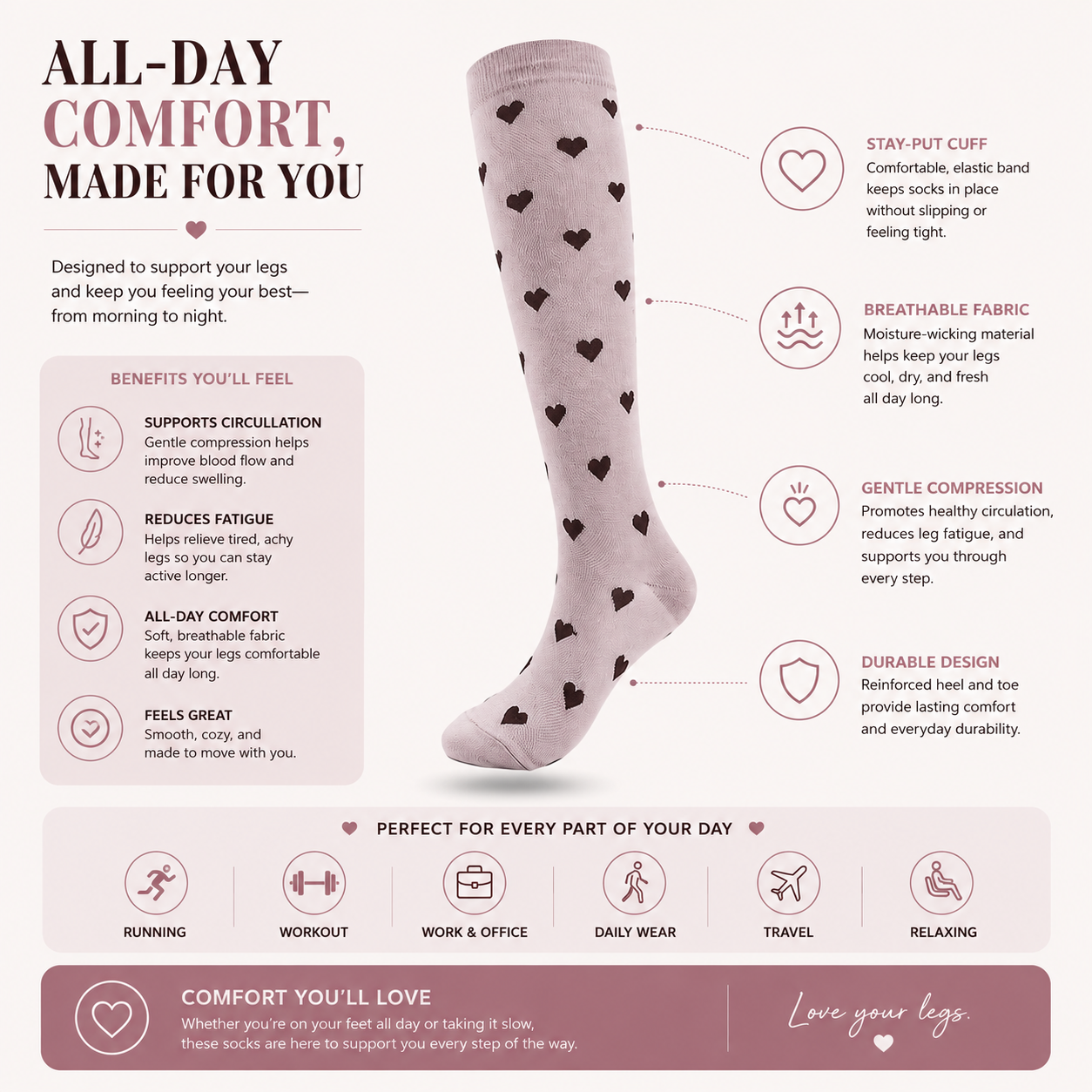 Heart Pattern Compression Socks – Cute Knee High Support Socks for Women