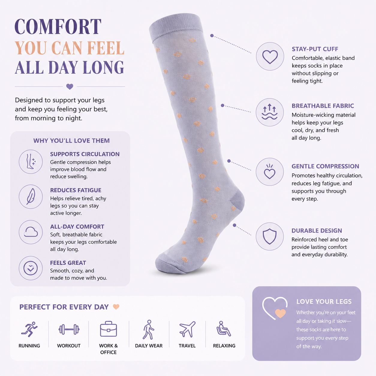 Polka Dot Compression Socks – Lightweight Knee High Support Socks for Women