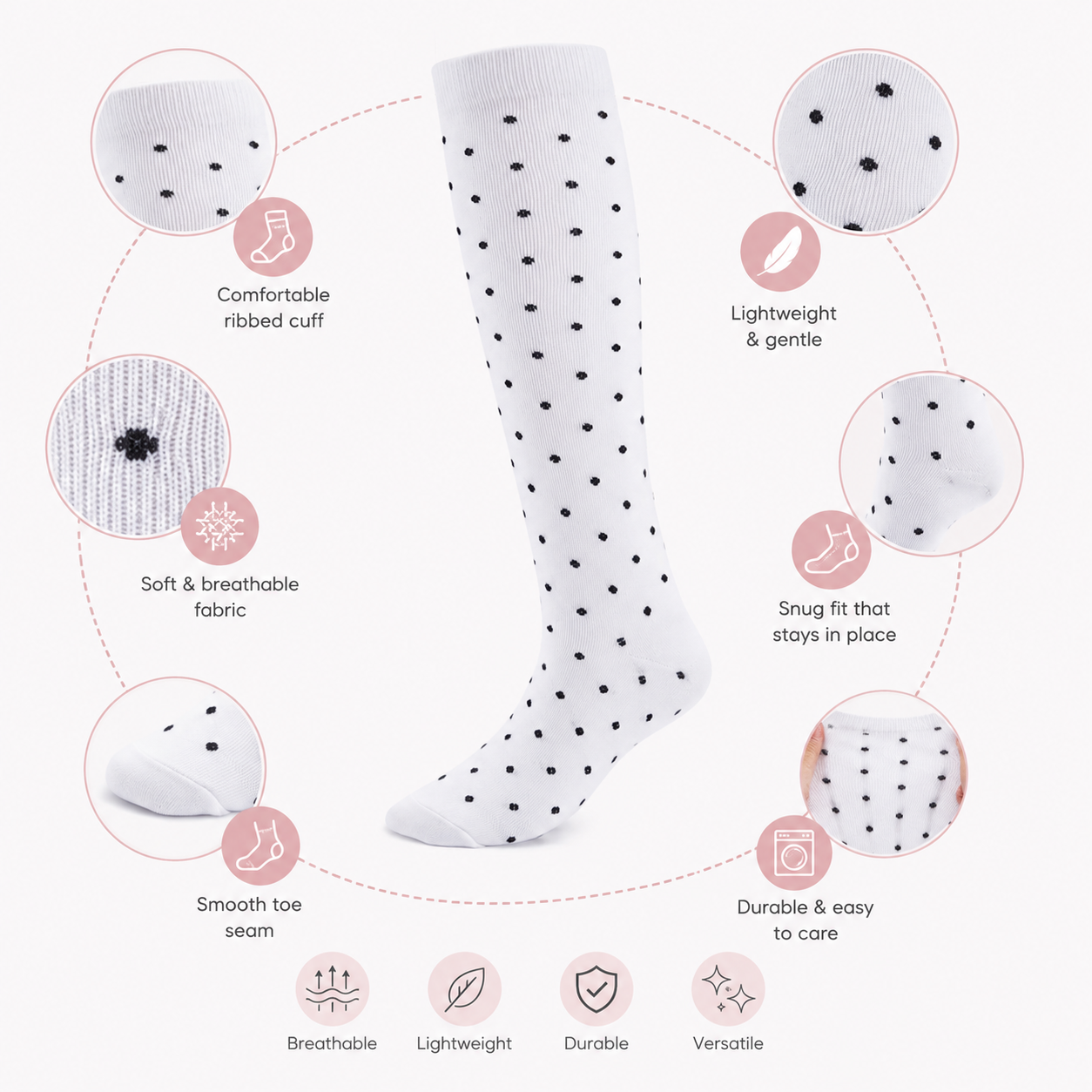 Premium White Compression Socks with Black Polka Dots