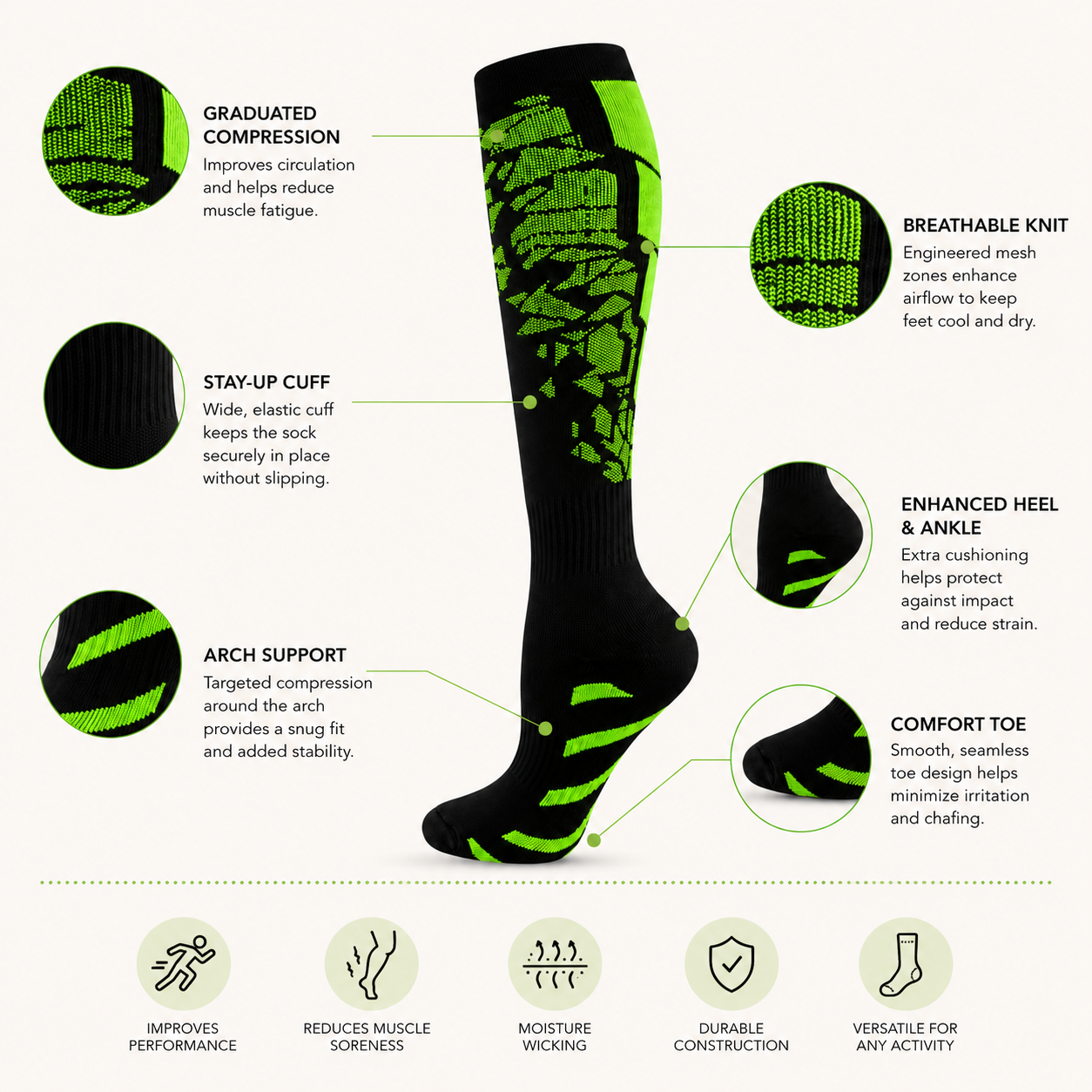 Neon Skull Compression Socks – Breathable Knee-High Athletic Support