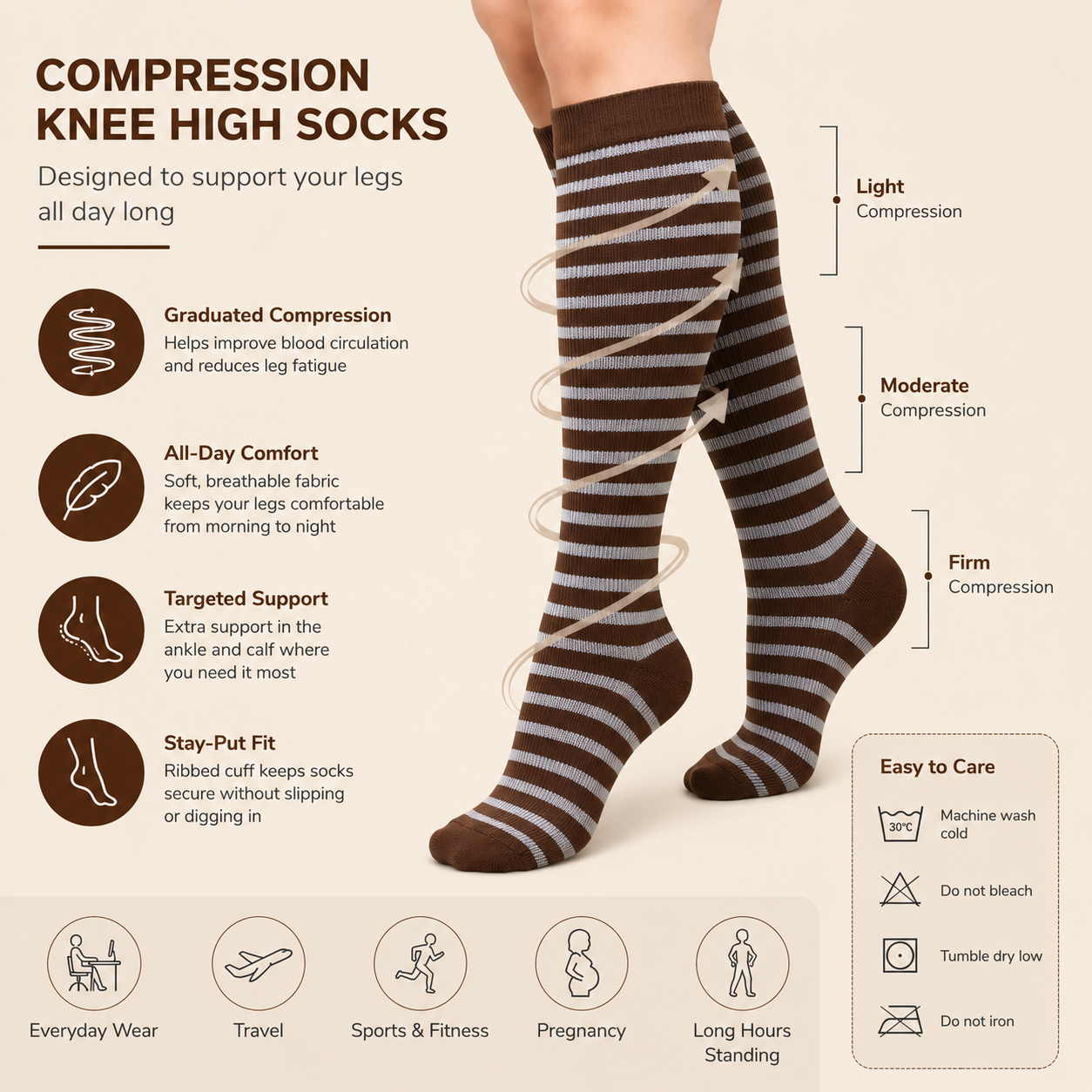 Vintage Brown Striped Compression Socks – Knee High Support for Comfort & Circulation