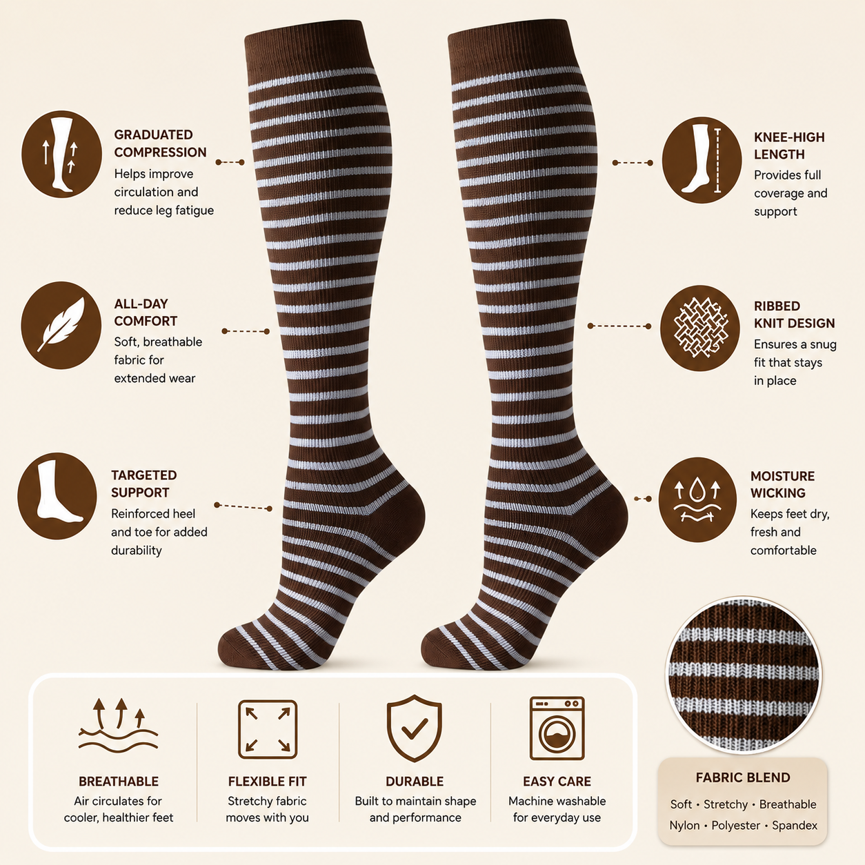 Vintage Brown Striped Compression Socks – Knee High Support for Comfort & Circulation