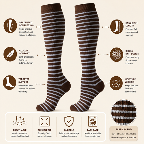 Vintage Brown Striped Compression Socks – Knee High Support for Comfort & Circulation