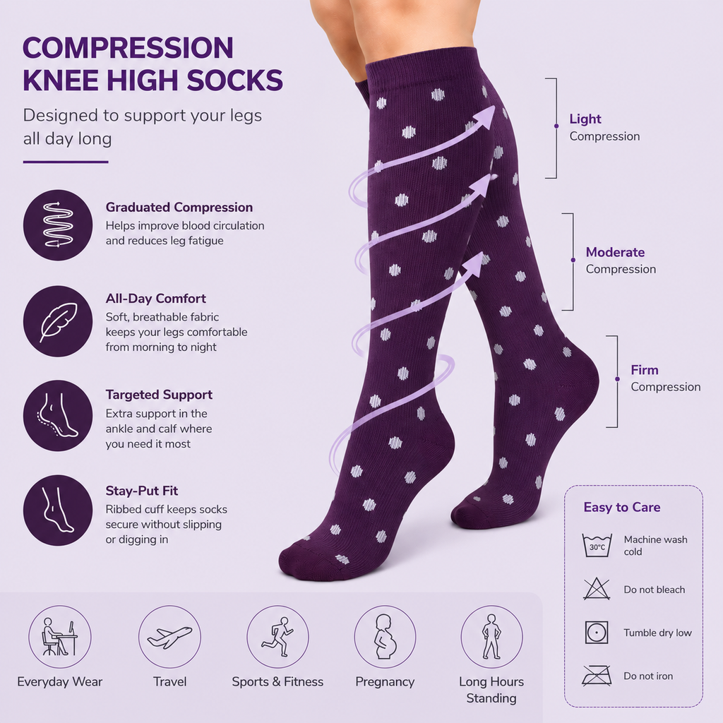 Elegant Plum Polka Dot Compression Socks – Knee High Comfort & Circulation Support