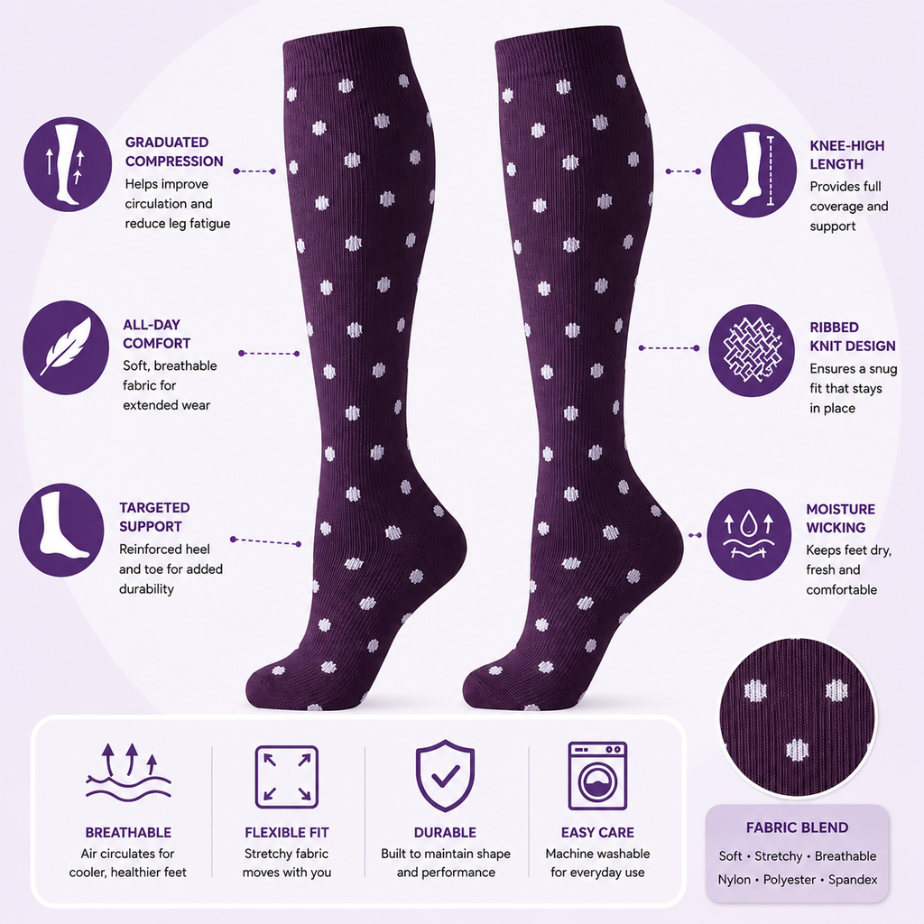 Elegant Plum Polka Dot Compression Socks – Knee High Comfort & Circulation Support