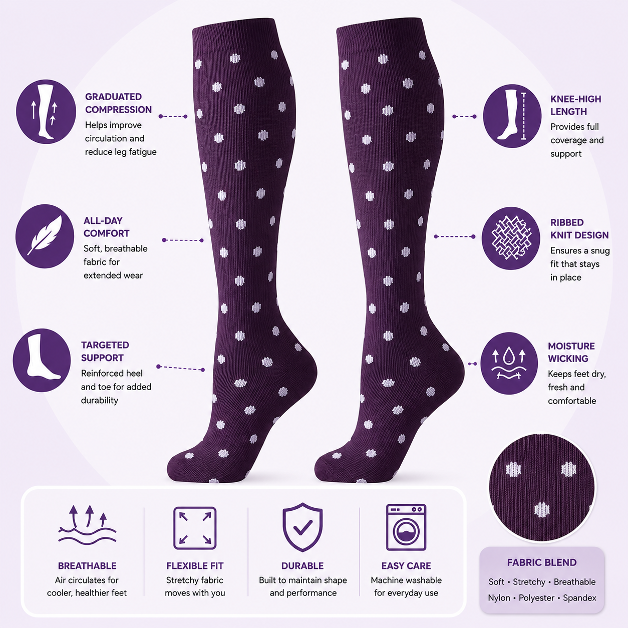 Elegant Plum Polka Dot Compression Socks – Knee High Comfort & Circulation Support