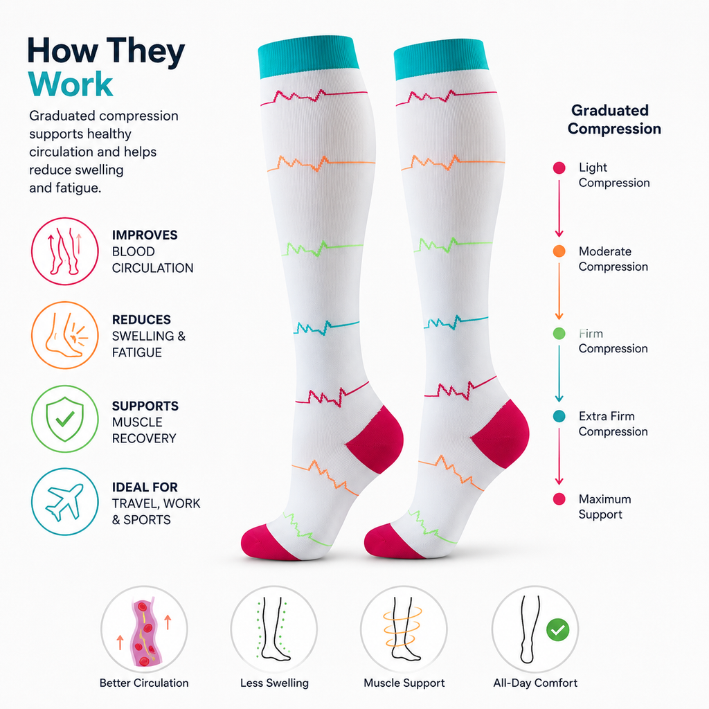 Heartbeat Pattern Compression Socks – Knee High Support for Nurses, Travel & Daily Comfort