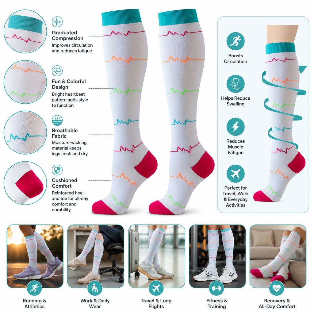 Heartbeat Pattern Compression Socks – Knee High Support for Nurses, Travel & Daily Comfort
