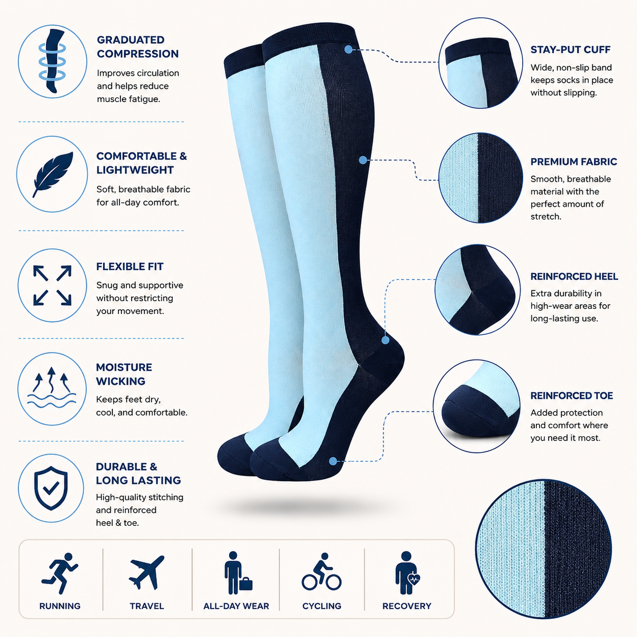 Classic Two-Tone Compression Socks – Blue Edition
