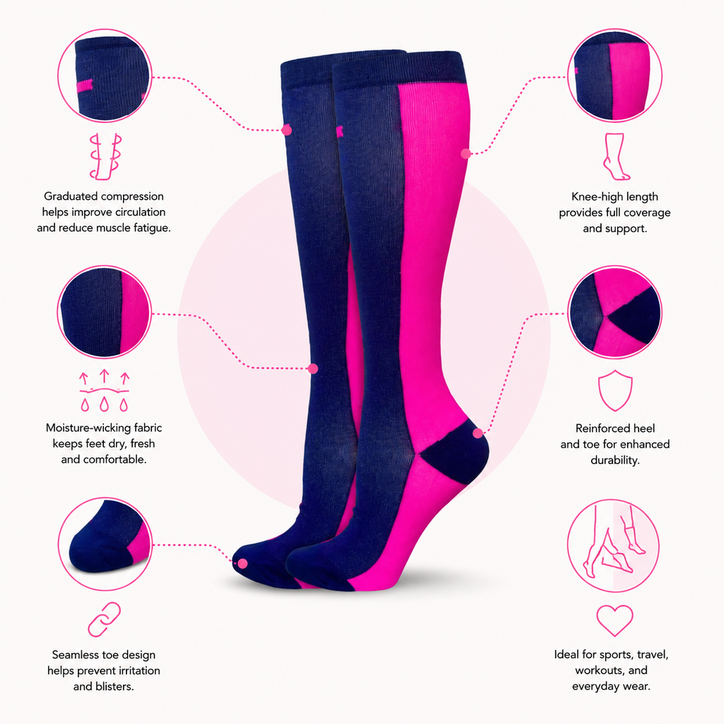 TrendStyle Compression Socks – Neon Pink & Navy Edition