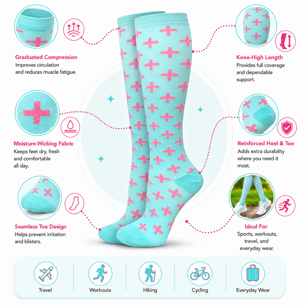 Mint & Pink Cross Pattern Compression Socks