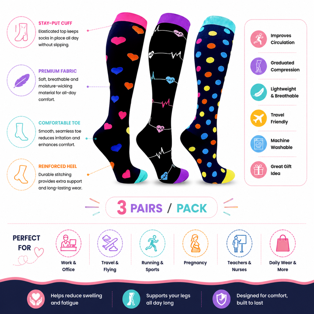 Heart & Polka Dot Compression Socks – Fun Leg Support 3-Pack