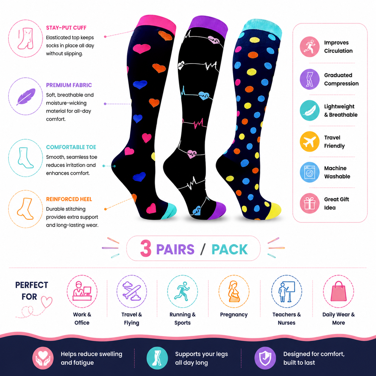 Heart & Polka Dot Compression Socks – Fun Leg Support 3-Pack