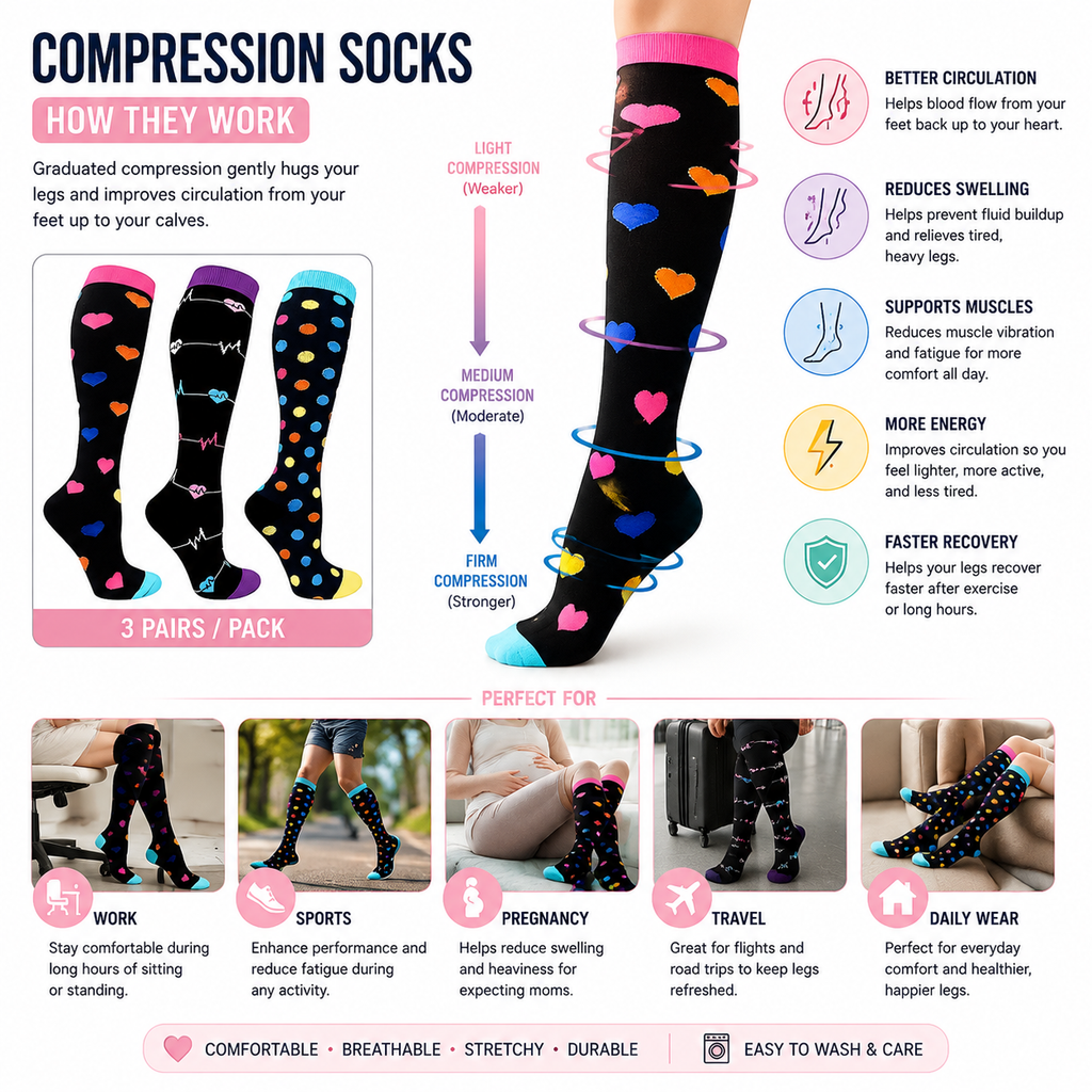Heart & Polka Dot Compression Socks – Fun Leg Support 3-Pack