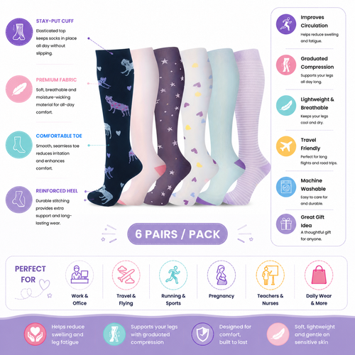 Vibrant Compression Socks – 6-Pair Set - Stylish & Supportive Legwear