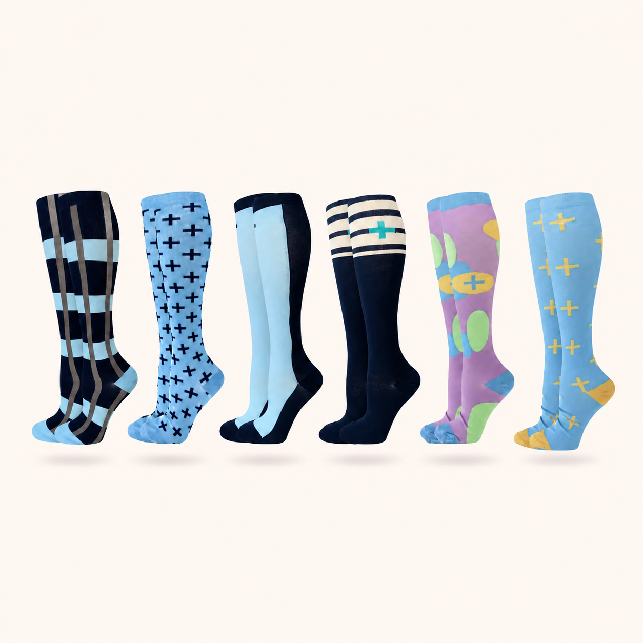 Stylish Knee-High Compression Socks – 6-Pair Set - Colorful Patterns for Comfort & Circulation