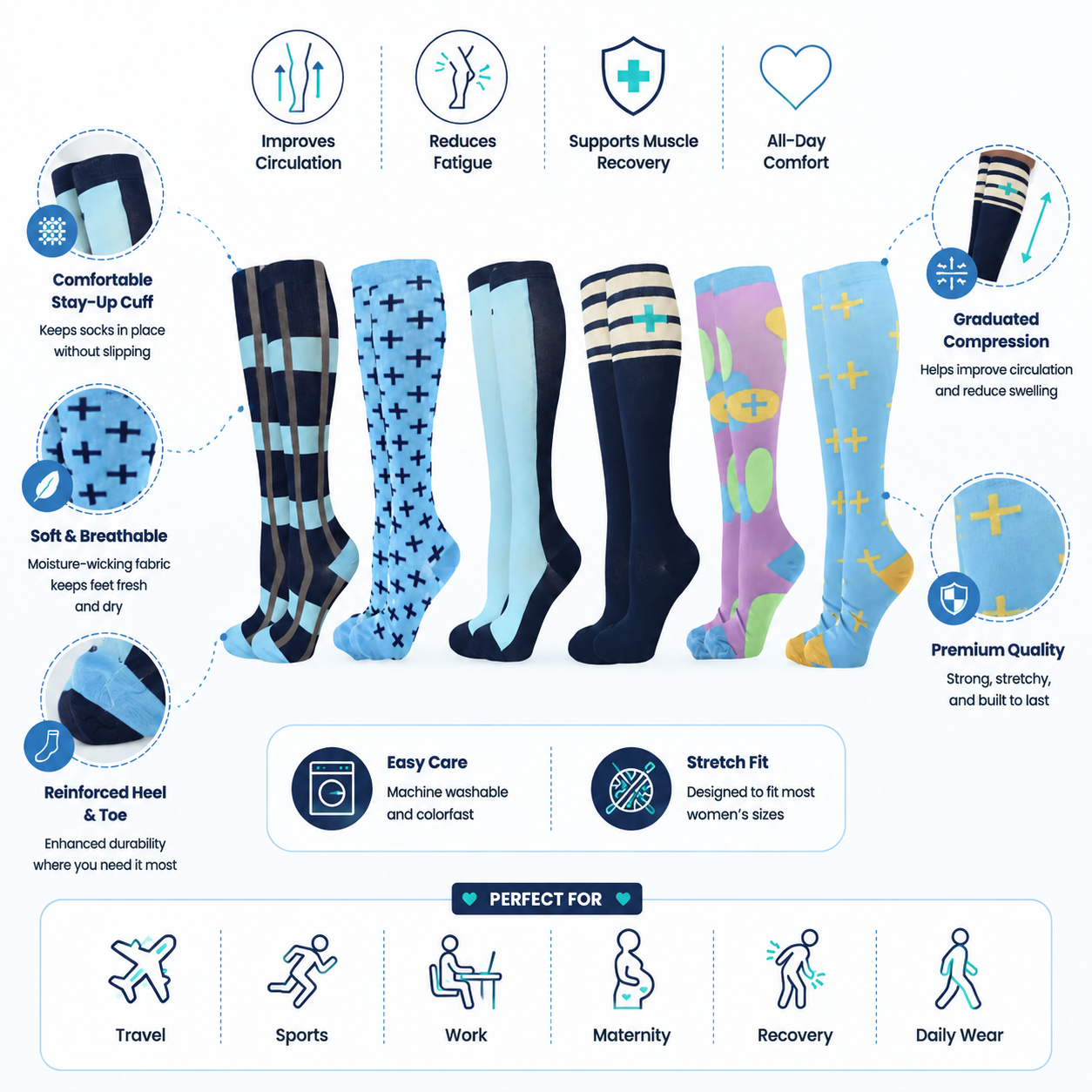 Stylish Knee-High Compression Socks – 6-Pair Set - Colorful Patterns for Comfort & Circulation