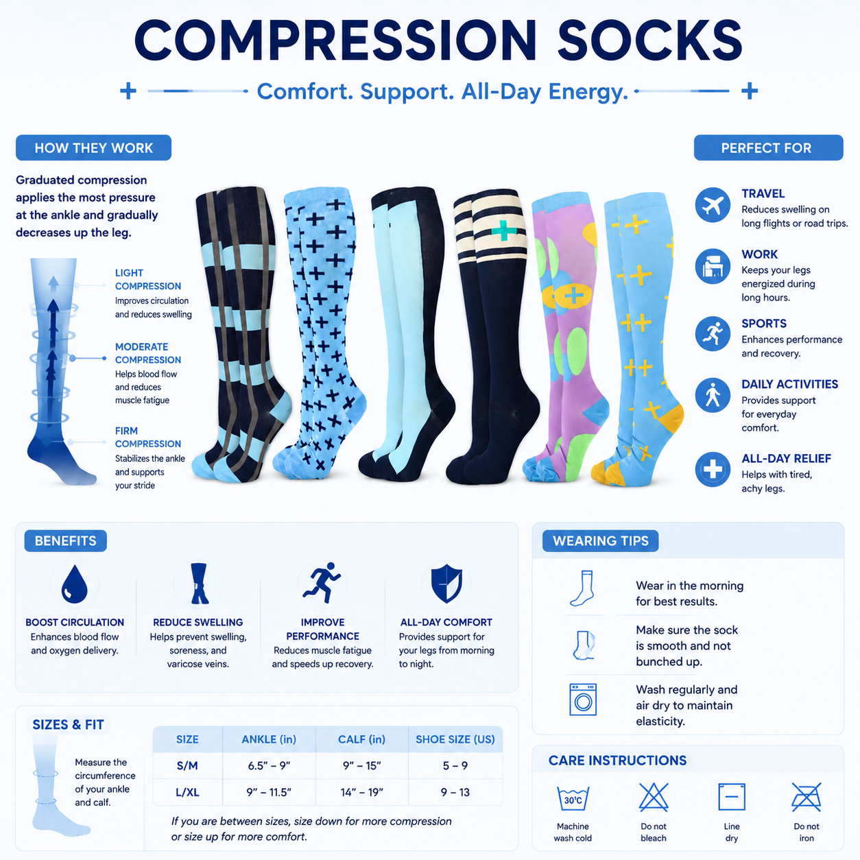 Stylish Knee-High Compression Socks – 6-Pair Set - Colorful Patterns for Comfort & Circulation