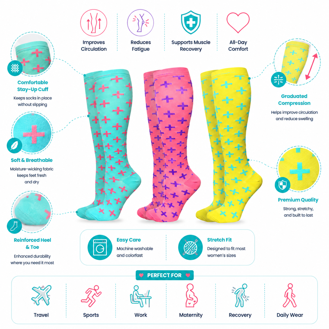 Bright Knee-High Compression Socks – Fun & Colorful Patterns for Comfort and Circulation
