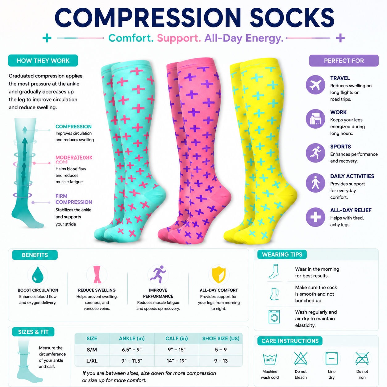 Bright Knee-High Compression Socks – Fun & Colorful Patterns for Comfort and Circulation