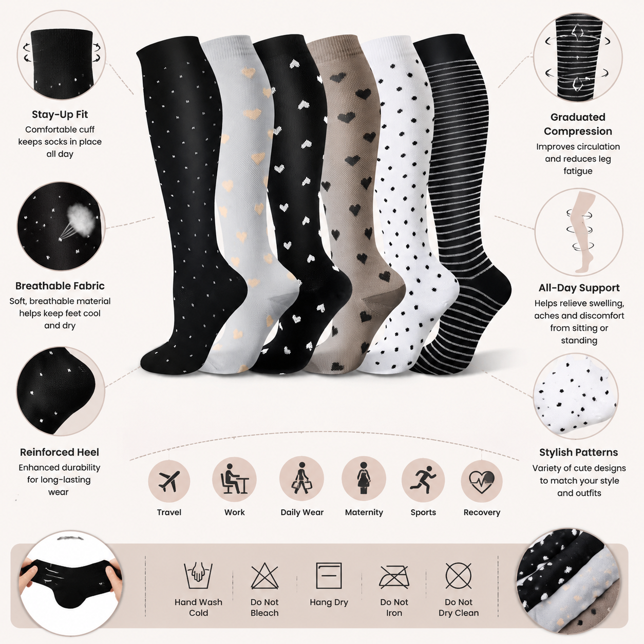 Women's Knee-High Compression Socks – Stylish Heart & Patterned Support