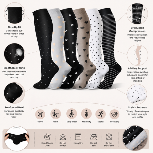 Women's Knee-High Compression Socks – Stylish Heart & Patterned Support - 6 Pair Set