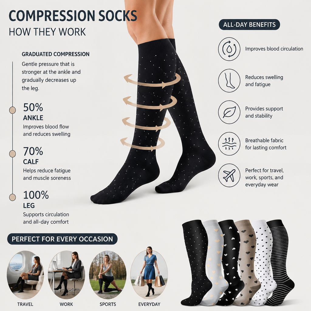 Women's Knee-High Compression Socks – Stylish Heart & Patterned Support