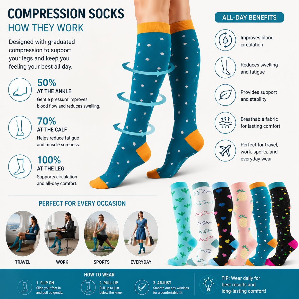 Vibrant Patterned Knee-High Compression Socks – Heart, Fruit & Star Designs