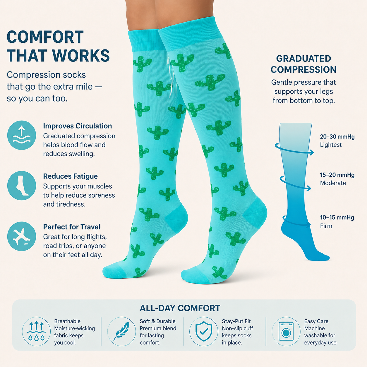 Cactus Pattern Compression Socks – Fun & Supportive Legwear for All-Day Comfort
