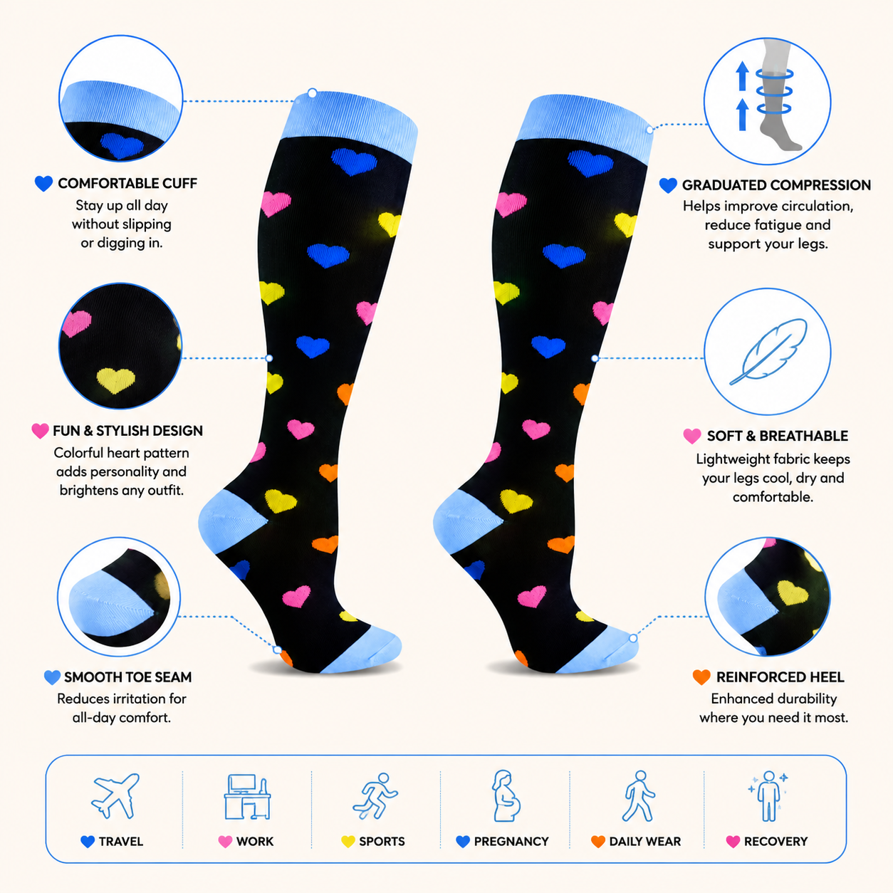 Colorful Heart Pattern Compression Socks – Fun & Supportive Legwear for All-Day Comfort