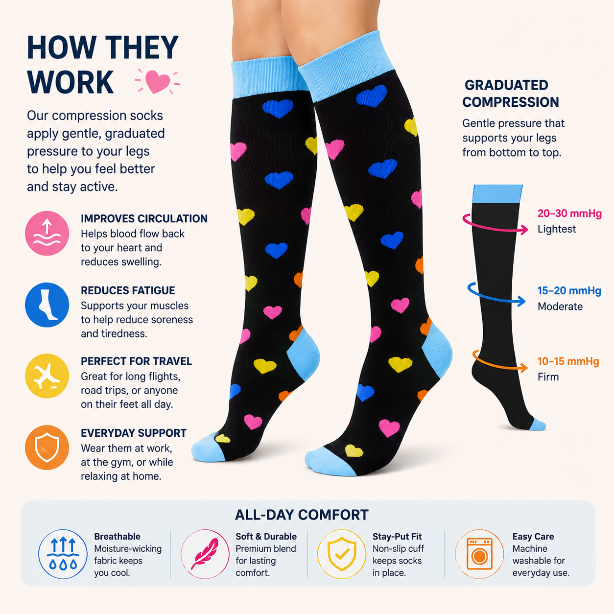 Colorful Heart Pattern Compression Socks – Fun & Supportive Legwear for All-Day Comfort