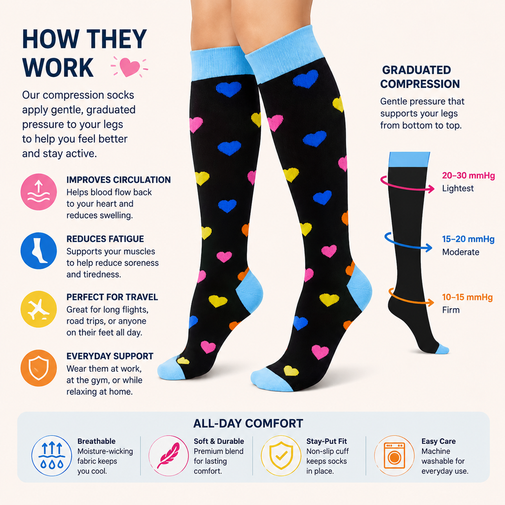 Colorful Heart Pattern Compression Socks – Fun & Supportive Legwear for All-Day Comfort