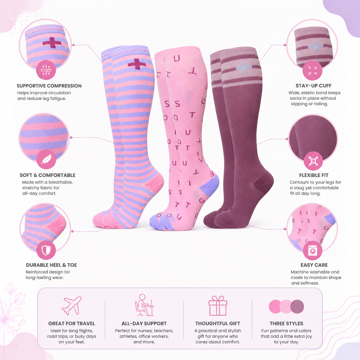 Stylish Compression Socks – 3-Pair Set - Colorful Support for Running, Recovery, and Everyday Comfort