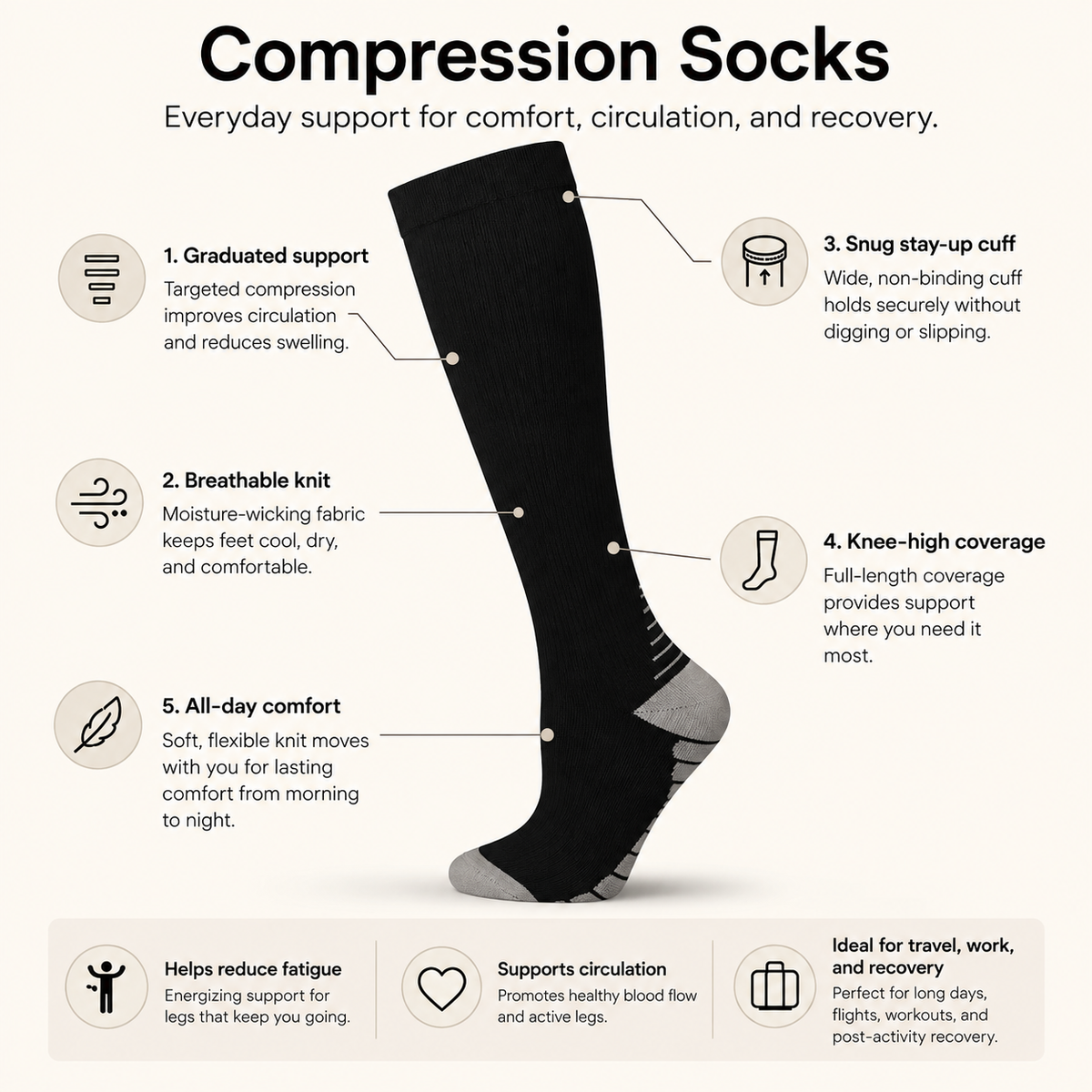 Knee-High Compression Socks for Everyday Leg Support & Comfort