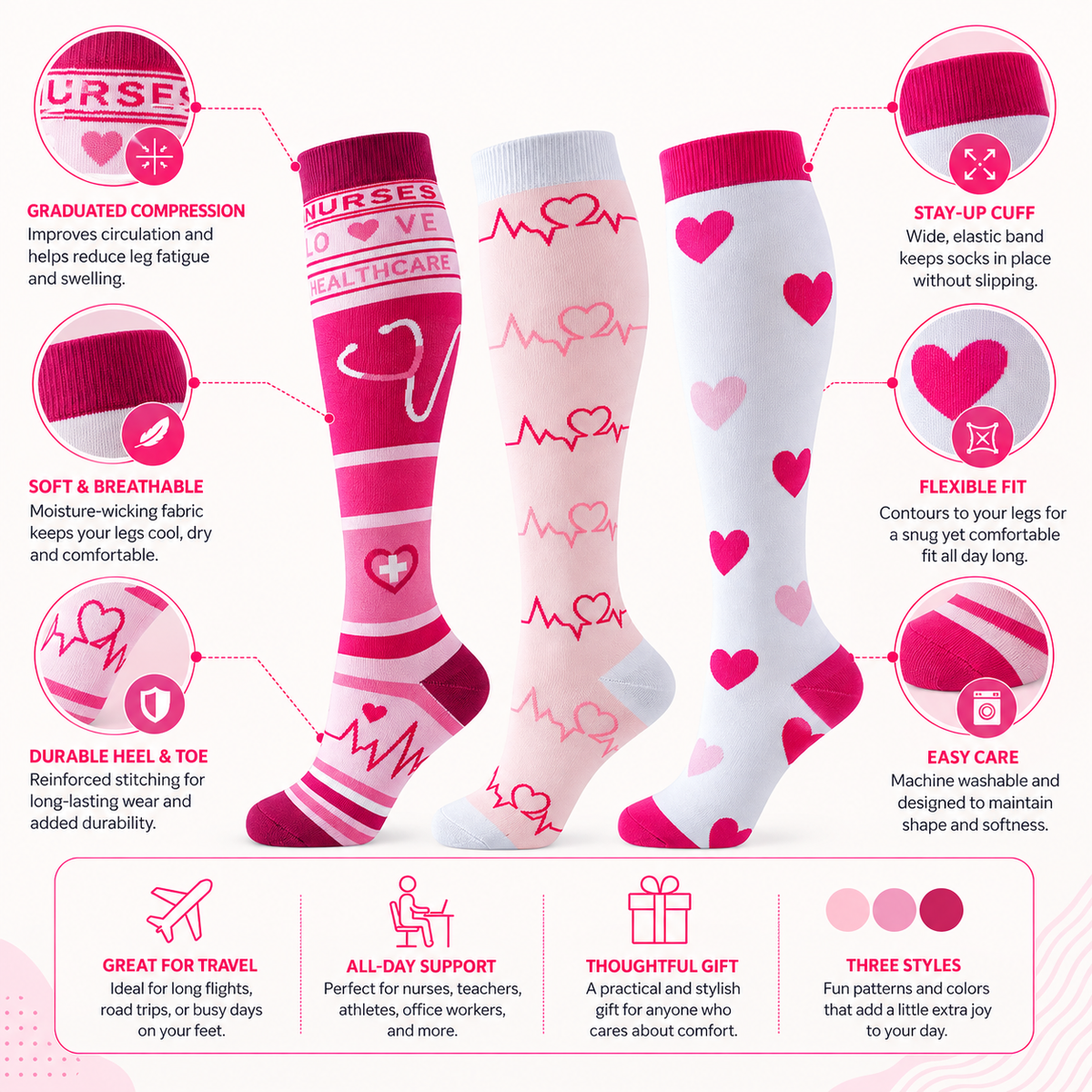 Vibrant Knee-High Compression Socks – 3-Pair Set - Stylish Support for Active Legs, Travel, and Recovery