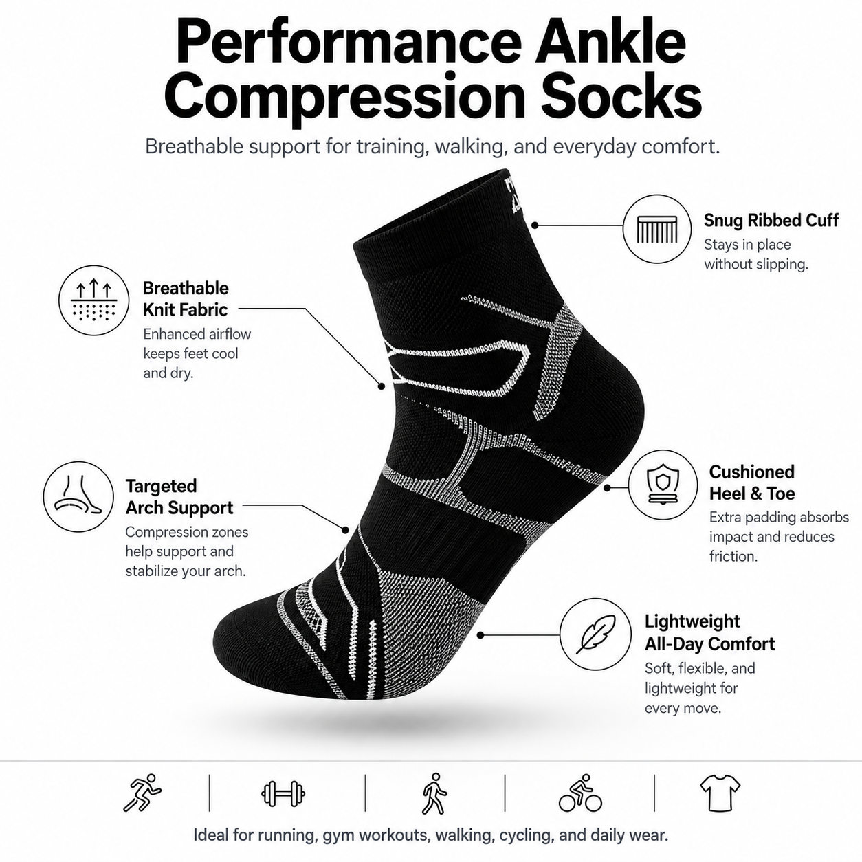 Performance Ankle Compression Socks with Arch Support, Breathable Cushioning & Reinforced Heel/Toe