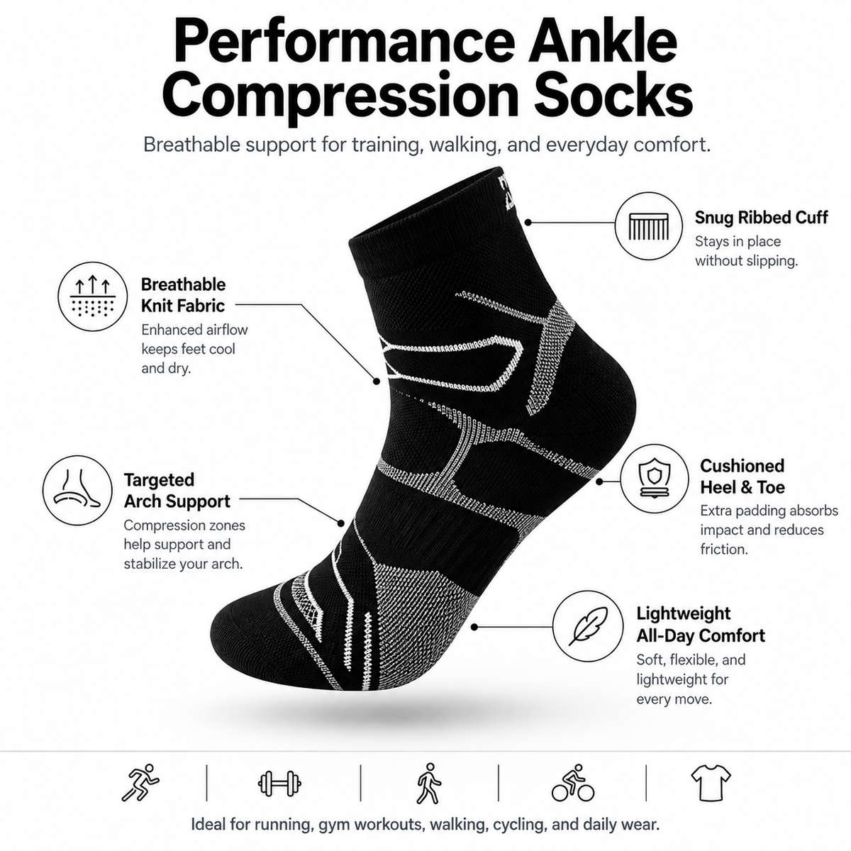 Performance Ankle Compression Socks with Arch Support, Breathable Cushioning & Reinforced Heel/Toe