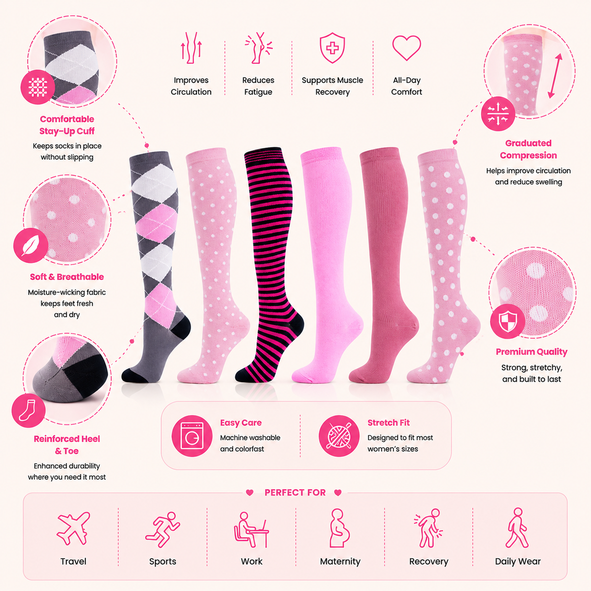 Knee-High Compression Socks – 6-Pair Set - Vibrant Patterned Support for Circulation & Comfort